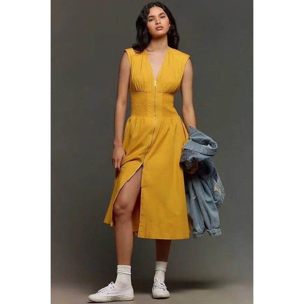Anthropologie The Tommie Zip-Front Midi Dress Maeve Yellow XS NEW